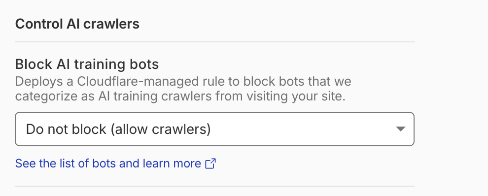 Cloudflare 'Block AI training bots' setting set to 'Do not block (allow crawlers)'